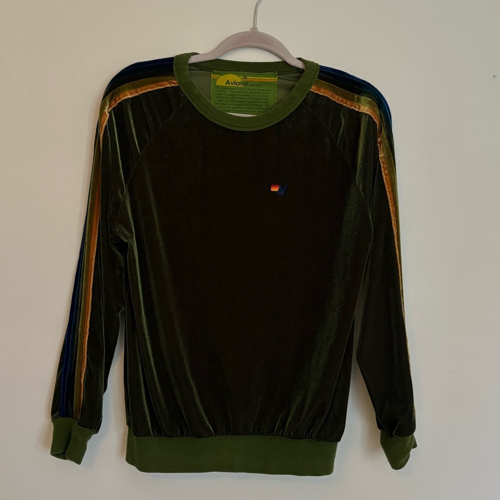 Aviator Nation Olive Crewneck Sweater with Striped Accents